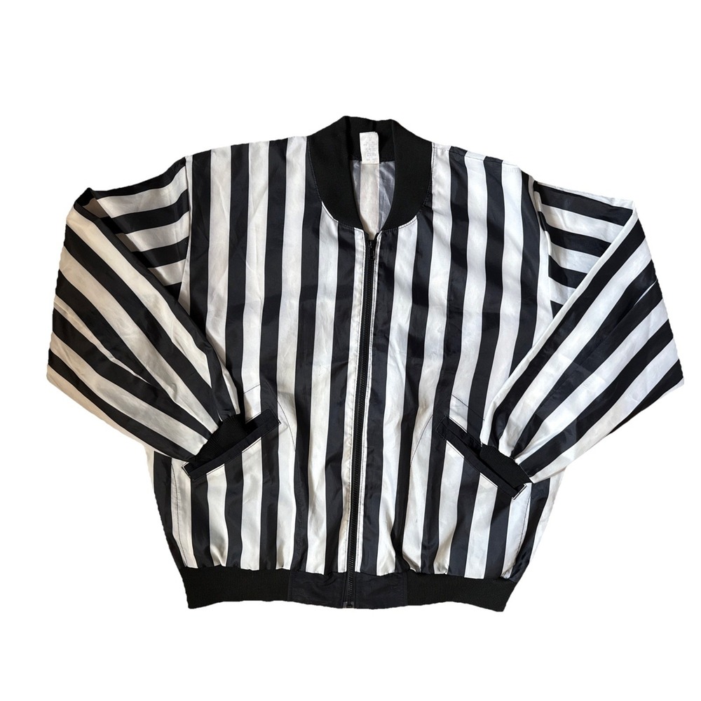 VTG +POS Referee Jacket Black White Striped Windbreaker Rain Made USA XL